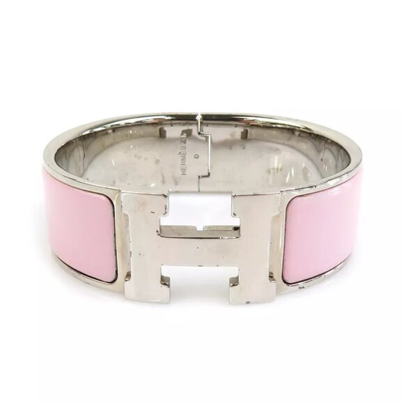Auth HERMES Clic Clac H Bangle Bracelet Silver/Light Pink Metal/Enamel - Picture 1 of 8